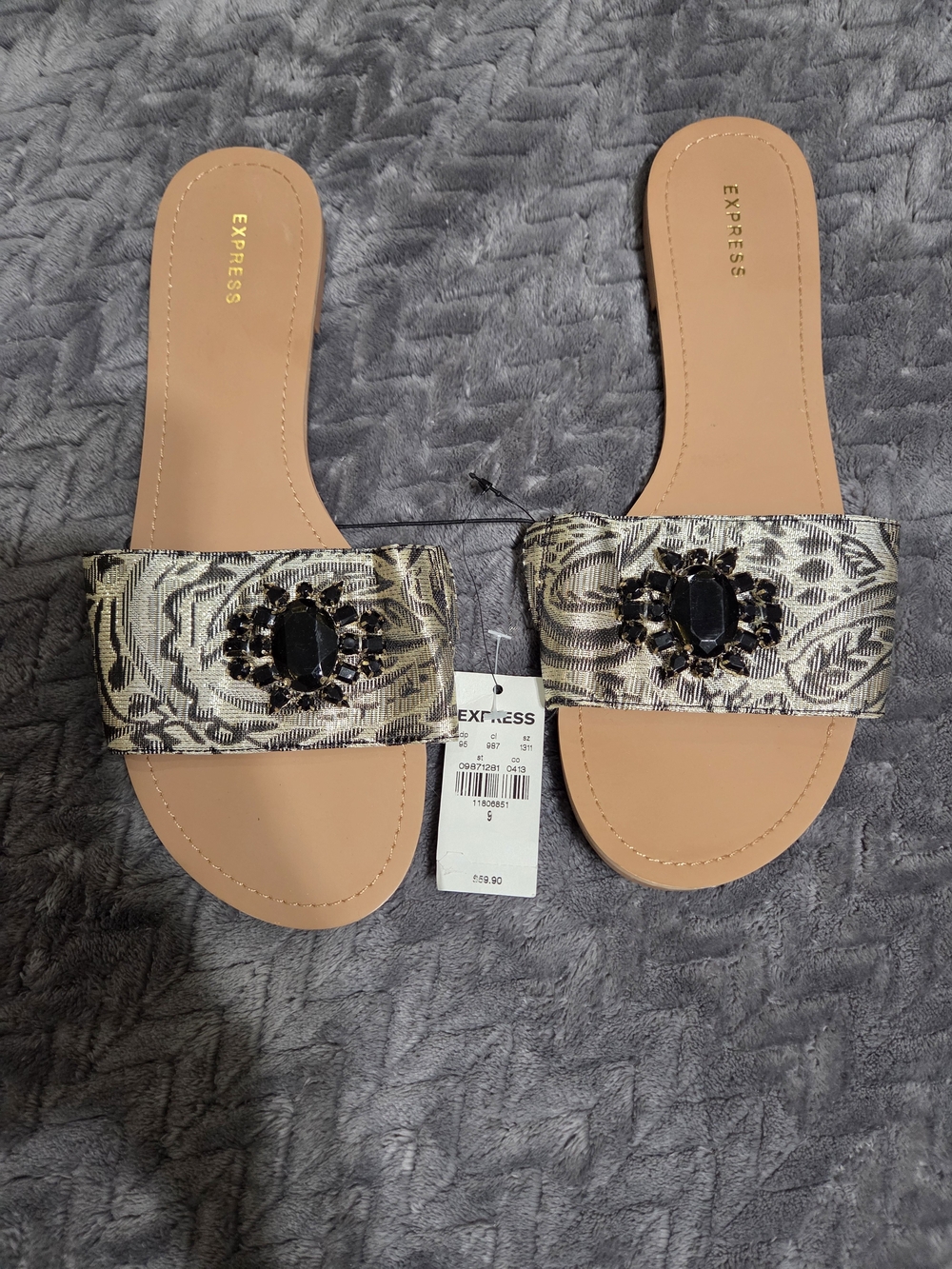 Express Women's Tan Slide Sandals with Black Jeweled Accent